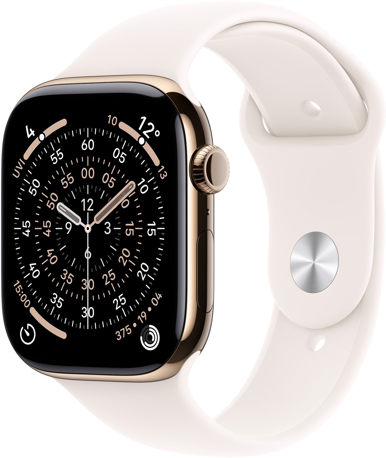 Arany Apple Watch fekete képernyővel és fehér szíjjal. Az óra mutatja az időt. A szíj fémcsattal rendelkezik.