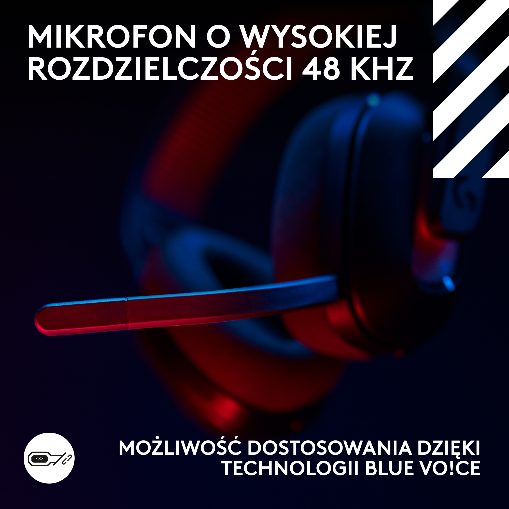 Zestaw słuchawkowy z mikrofonem, czerwone i niebieskie światło, czarne tło. Tekst: Mikrofon o wysokiej rozdzielczości 48 kHz i technologii Blue Vo!ce.