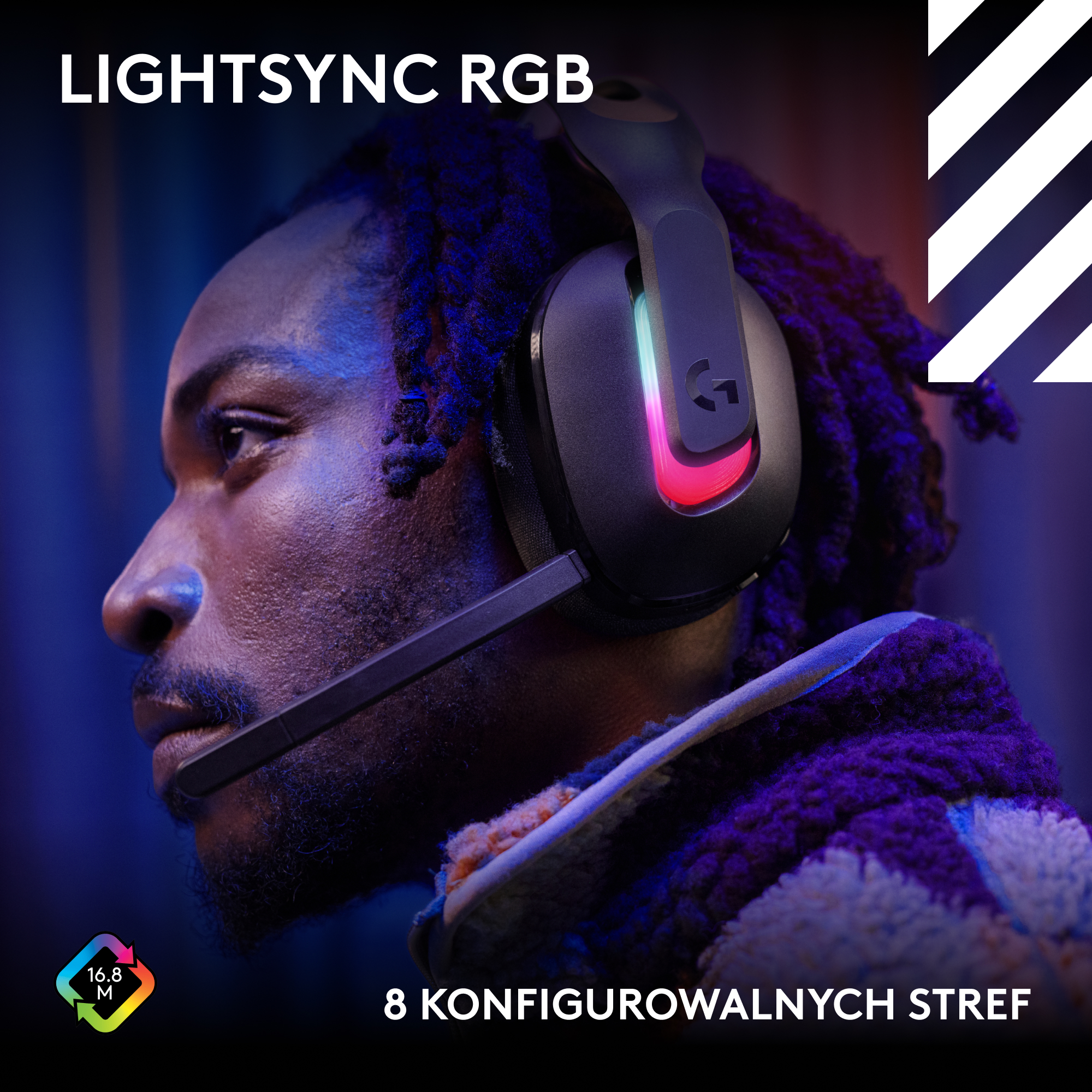 Osoba nosząca czarny zestaw słuchawkowy ze światłami RGB. Tło jest niebieskie i fioletowe. Tekst: LIGHTSYNC RGB i 8 stref.