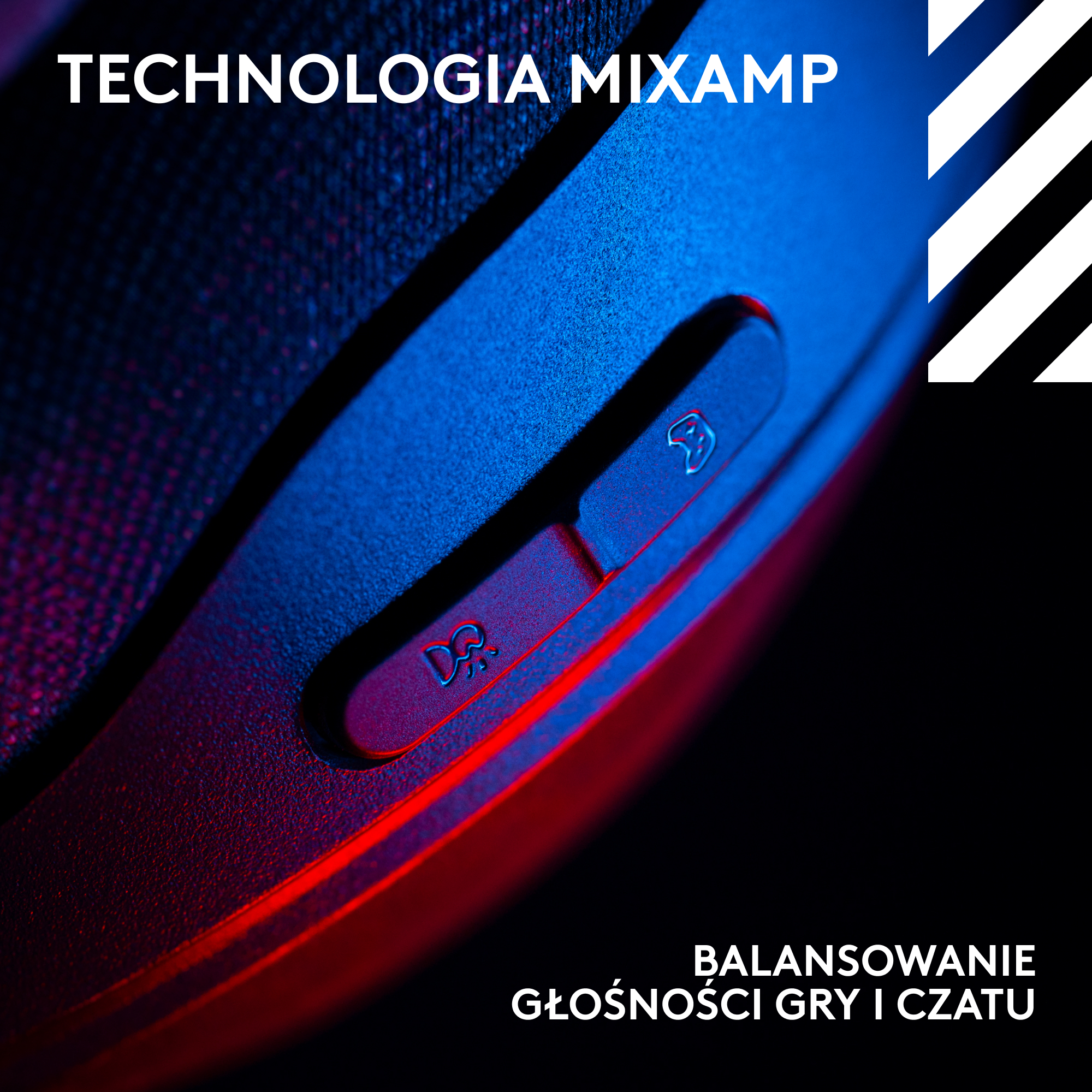 Zbliżenie ciemnoniebieskiego i czerwonego urządzenia do gier z przyciskami. Biały tekst brzmi 'TECHNOLOGIA MIXAMP' i 'BALANSOWANIE GŁOŚNOŚCI GRY I CZATU'.