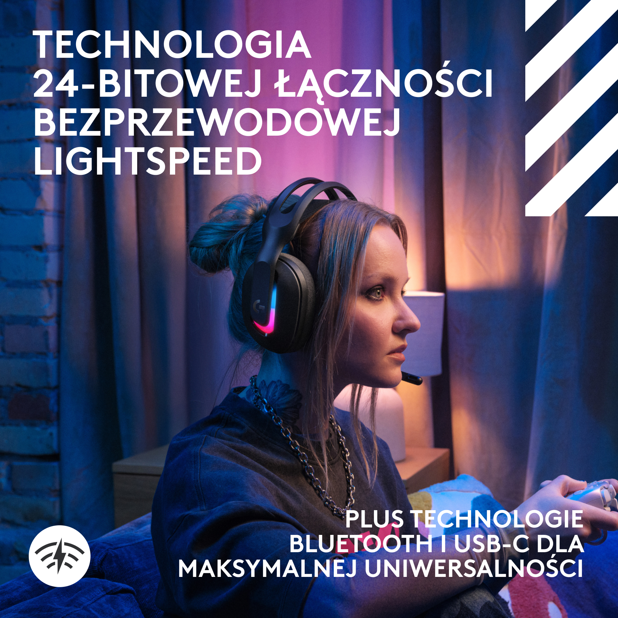 Kobieta w słuchawkach gra. Obraz ma tekst 'LIGHTSPEED' i tekst marketingowy. Tło jest rozmyte.