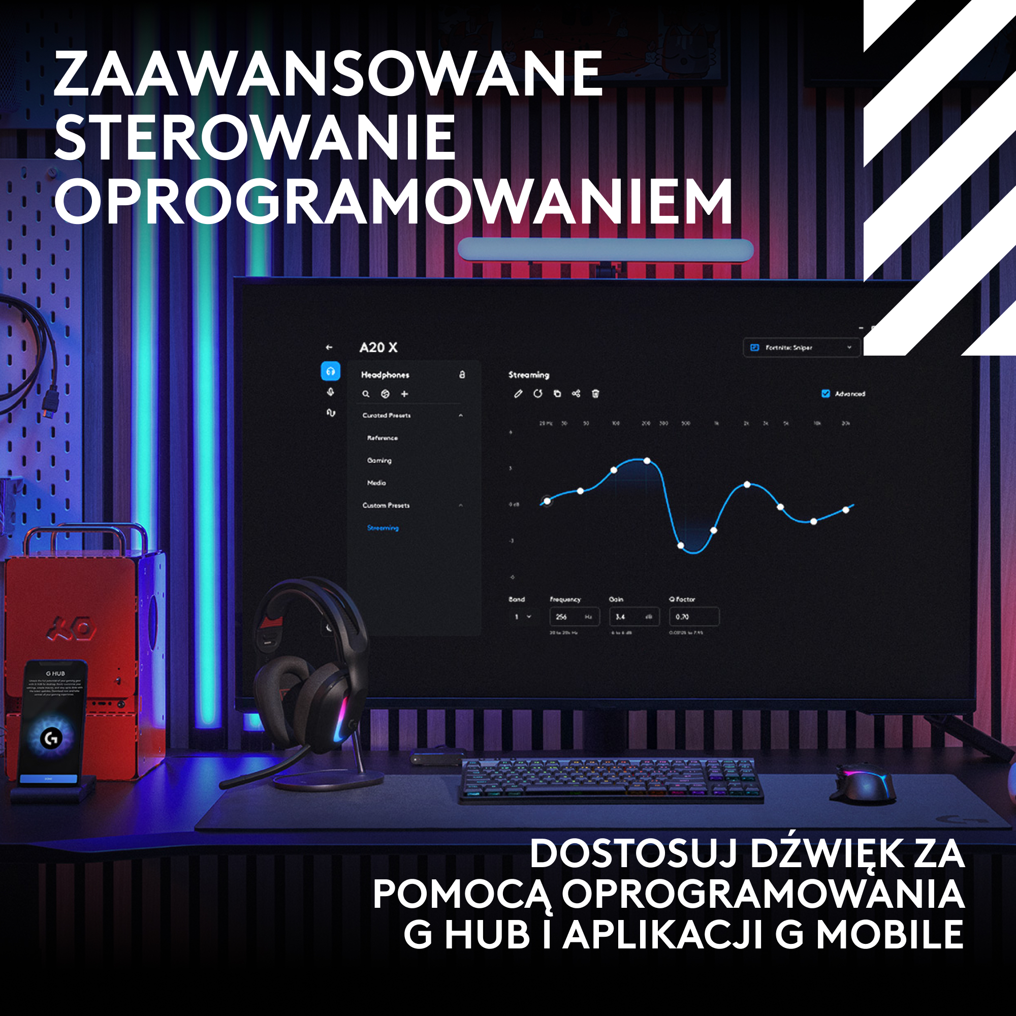 Konfiguracja do gier ze słuchawkami, monitorem z ustawieniami audio, klawiaturą, myszą i czerwonym głośnikiem.