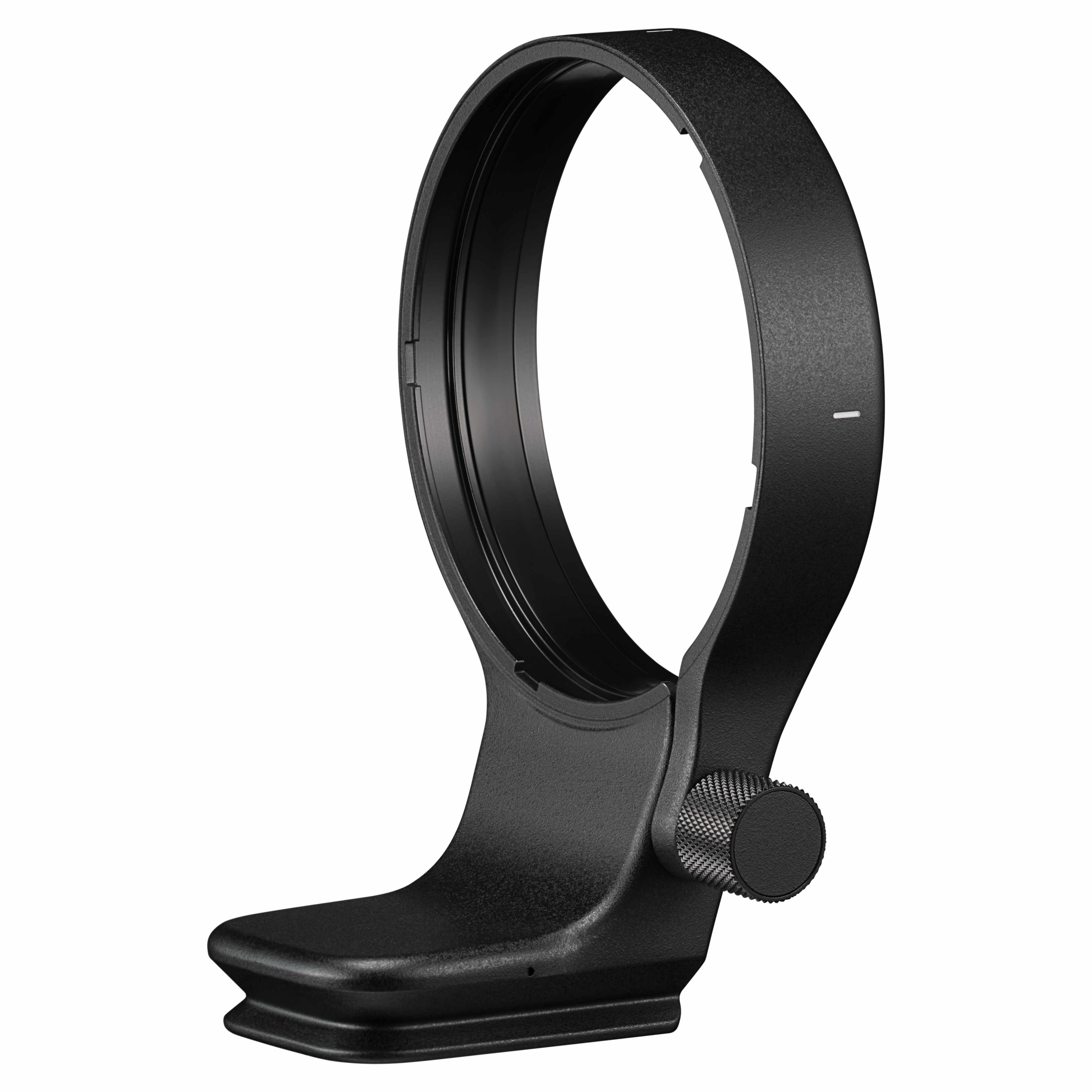 Ein schwarzer Objektivkragen mit rundem Sockel, einem verstellbaren Knopf und einem kreisförmigen Ring. Er ist vor weißem Hintergrund platziert.