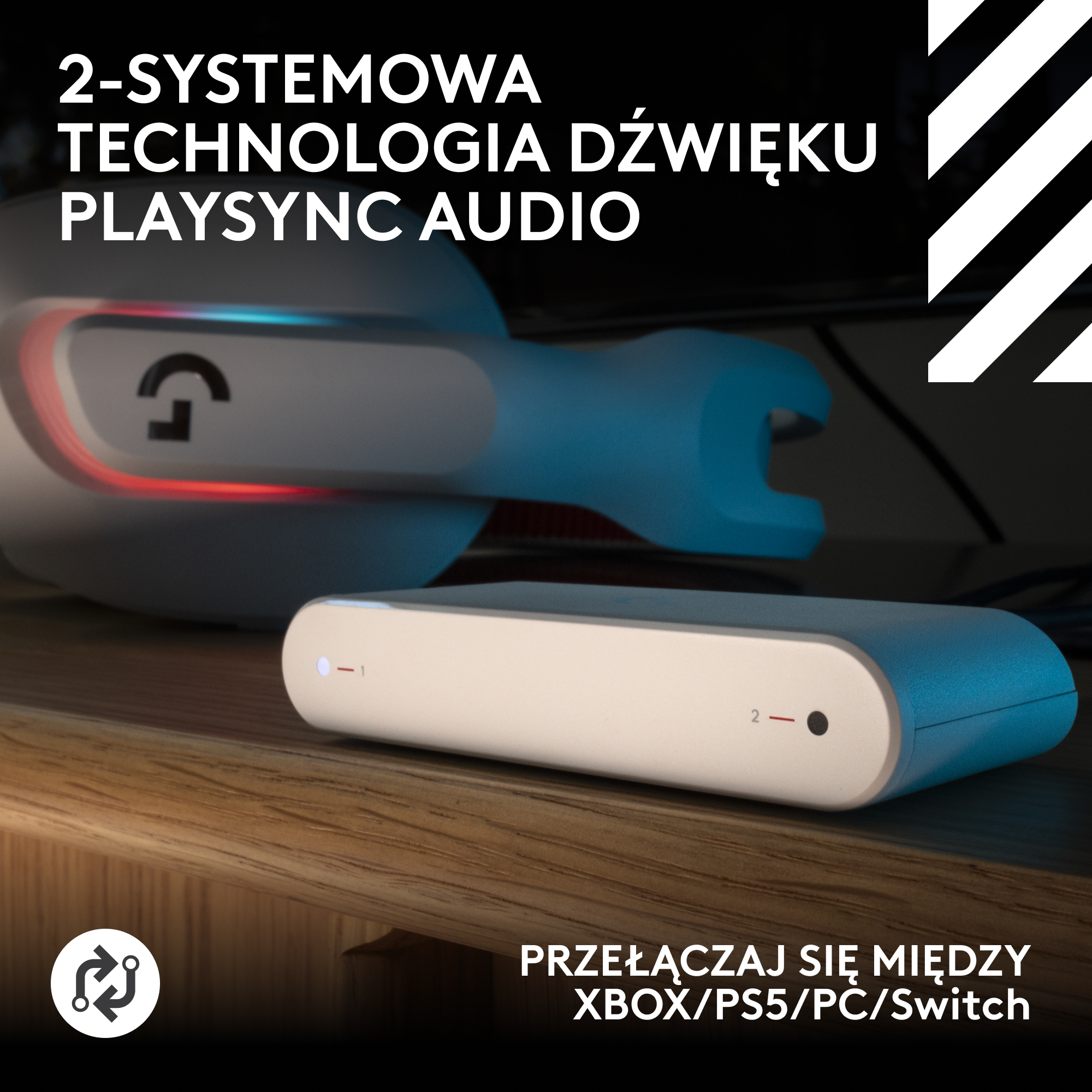 Produkt z napisami '2-SYSTEMOWA TECHNOLOGIA DŹWIĘKU PLAYSYNC AUDIO' i 'PRZEŁĄCZAJ SIĘ MIĘDZY XBOX/PS5/PC/Switch'.