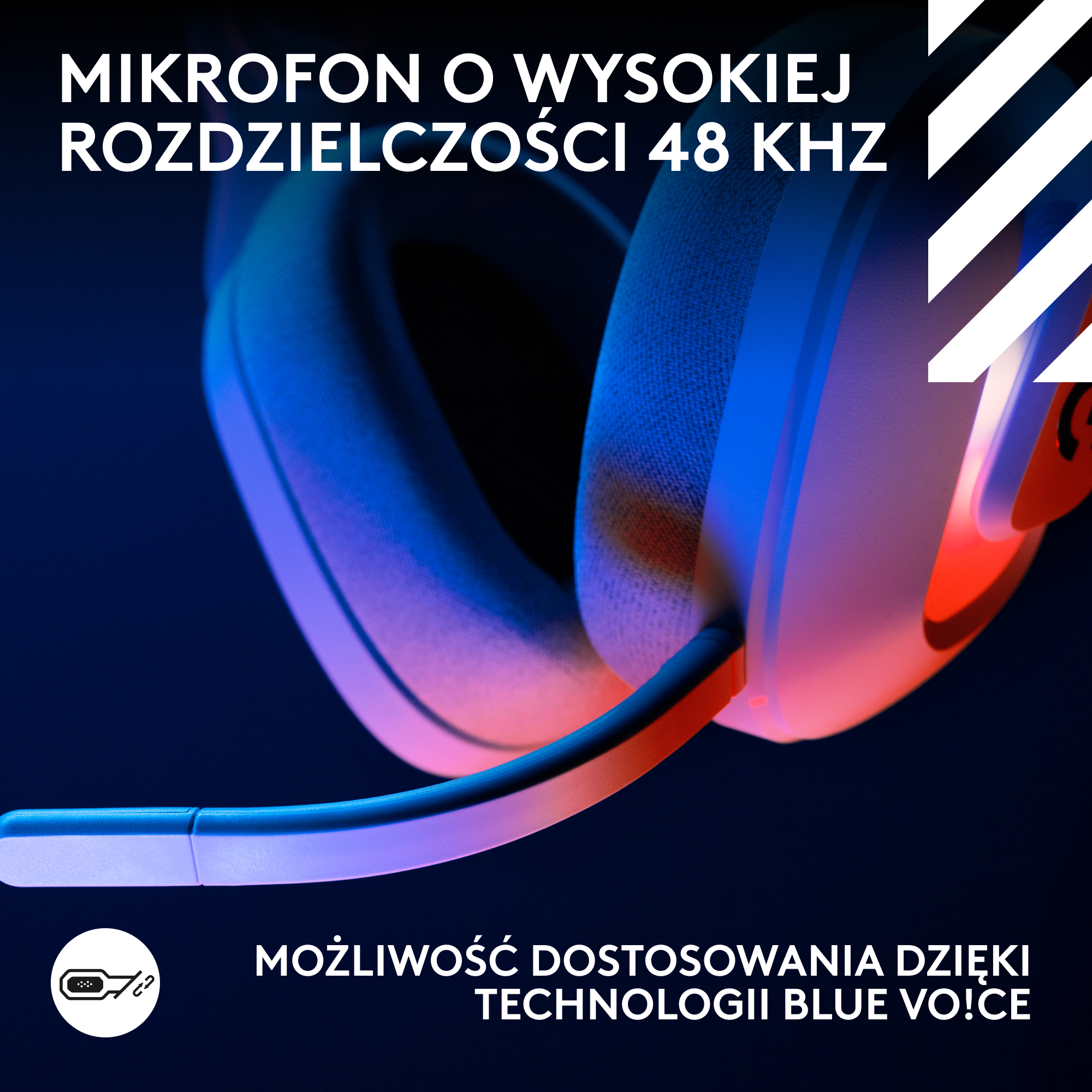 Zestaw słuchawkowy z mikrofonem. Niebieski i pomarańczowy z białymi akcentami. Tekst: mikrofon wysokiej rozdzielczości 48 kHz.