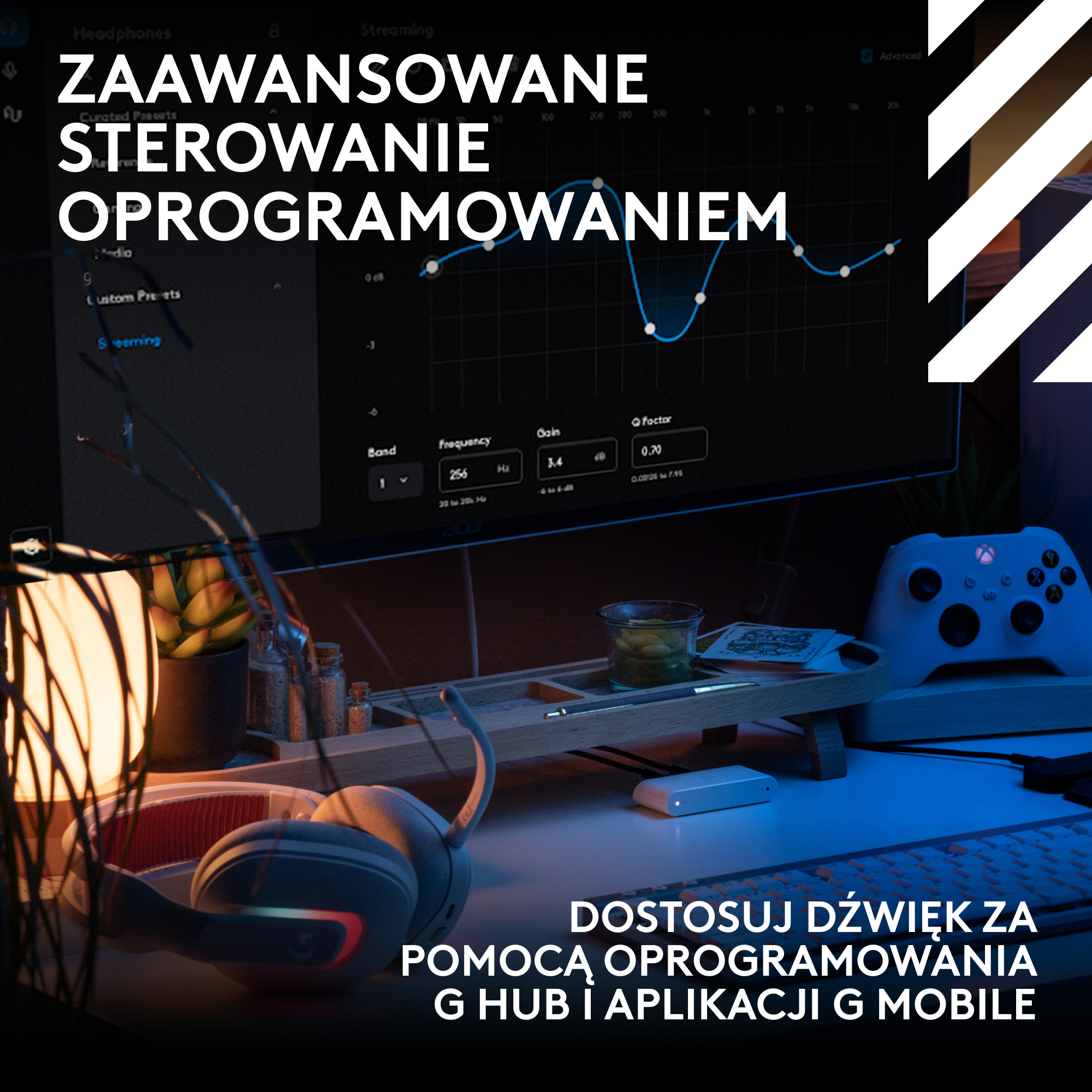 Konfiguracja do gier ze słuchawkami, kontrolerem i monitorem wyświetlającym oprogramowanie audio.