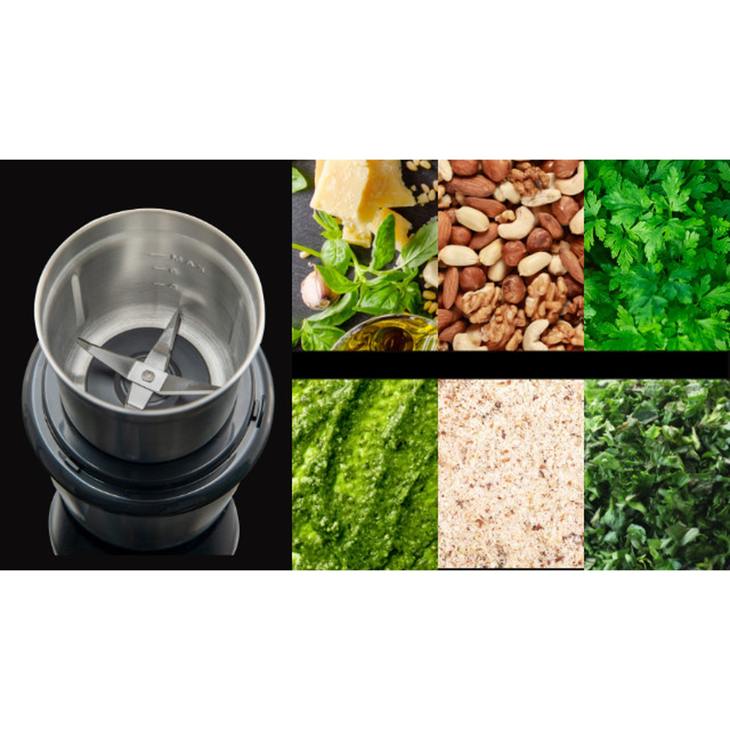 Un robot da cucina con lame e ingredienti per il pesto: noci, formaggio, basilico, olio d'oliva e prezzemolo, con pesto ed erbe tritate.
