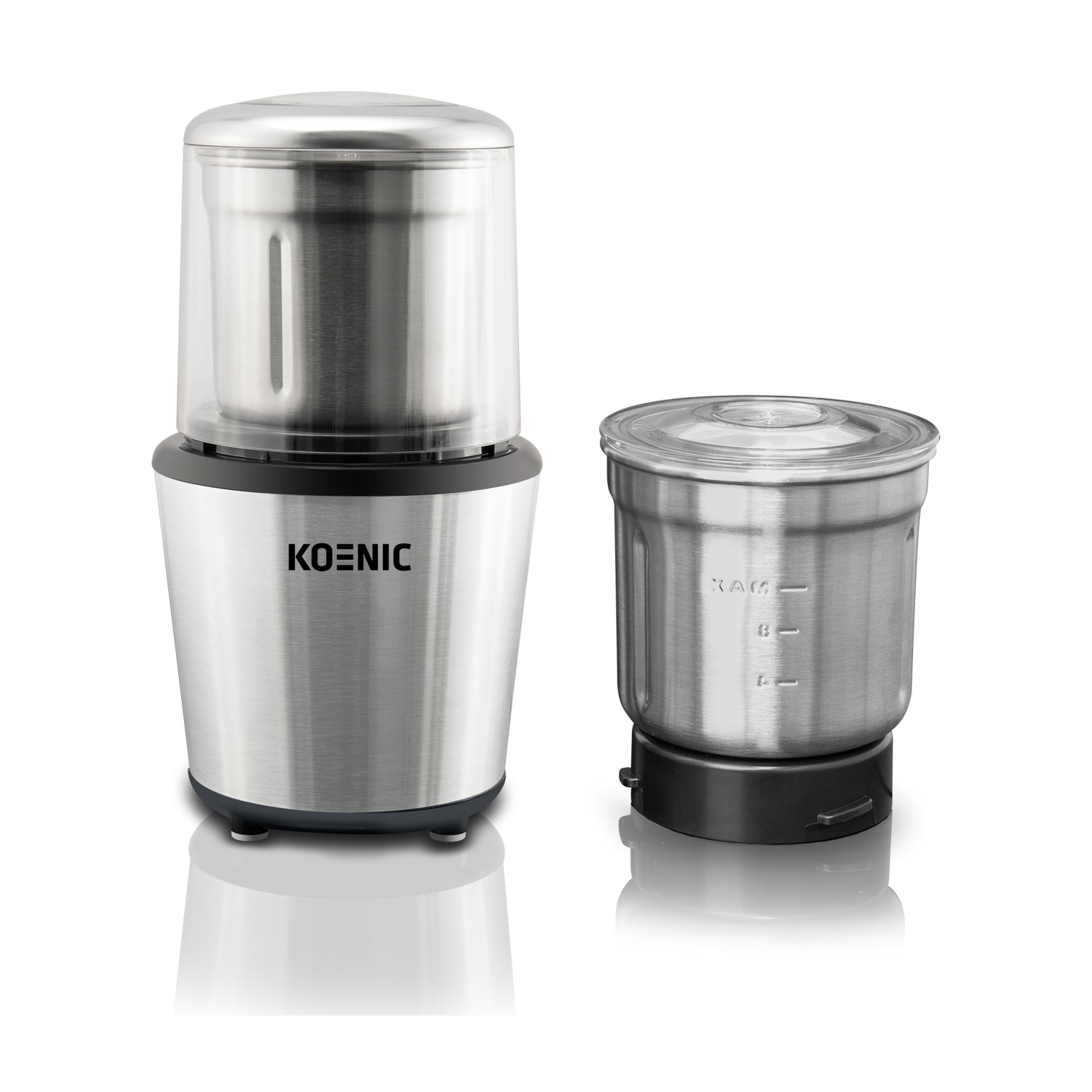 Un macinacaffè Koenic argento e nero con due contenitori. Uno assemblato e uno separato. Lo sfondo è bianco.