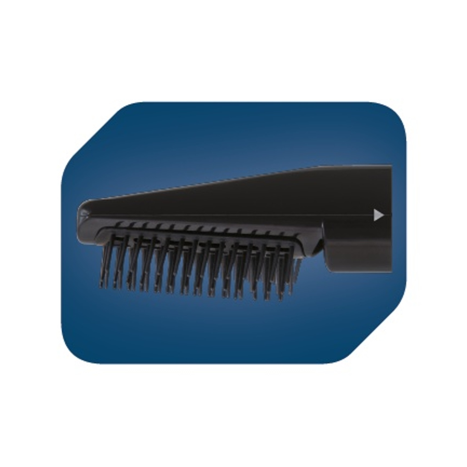 Un accessorio nero per lo styling dei capelli. Ha un design a forma di pettine con setole sottili e nere. Lo sfondo è un rettangolo blu.