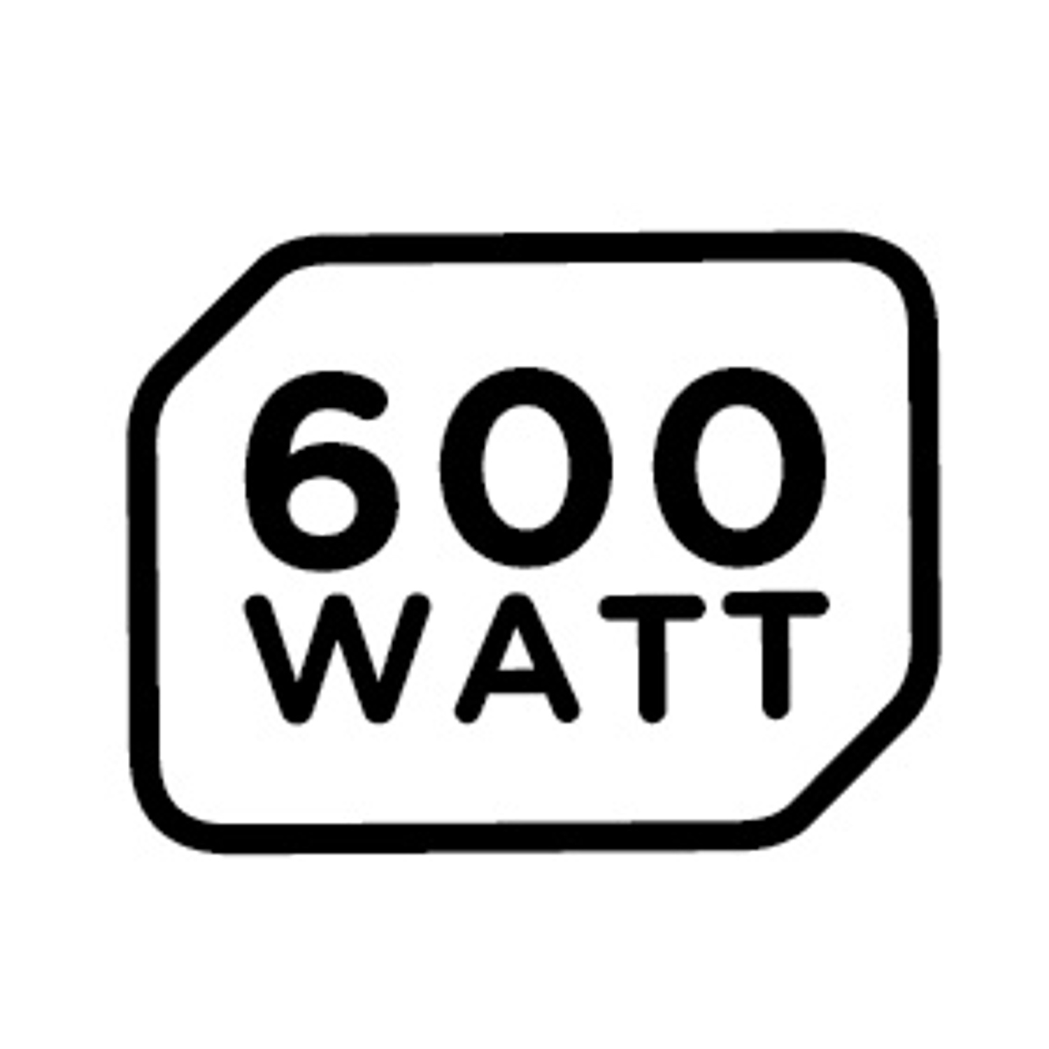 Grafica in bianco e nero. Il testo '600 WATT' è all'interno di un rettangolo arrotondato. Il numero 600 è sopra WATT.