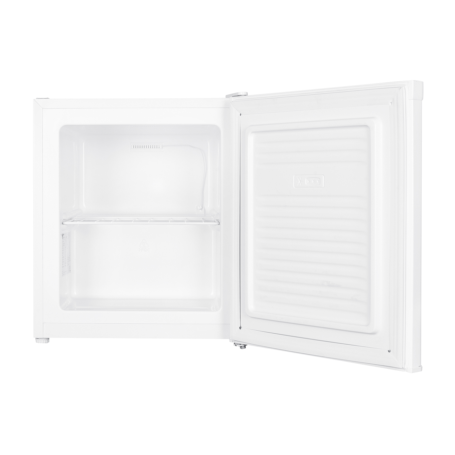 Un piccolo frigorifero bianco con la porta aperta. L'interno è vuoto, rivelando ripiani e un vano congelatore.