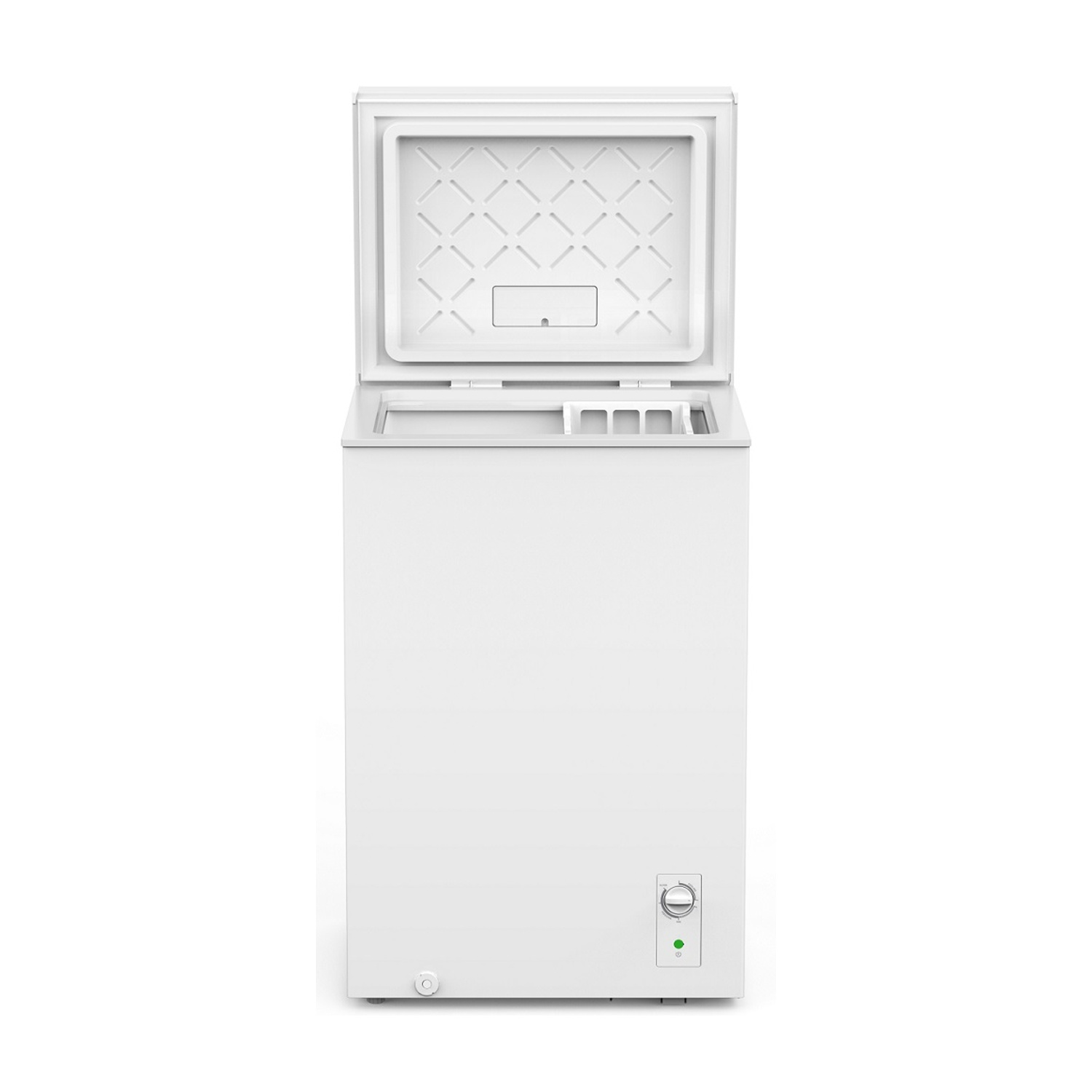 Un congelatore a pozzetto bianco con il coperchio aperto. L'interno del coperchio ha un motivo. La parte anteriore ha una manopola e una luce verde.
