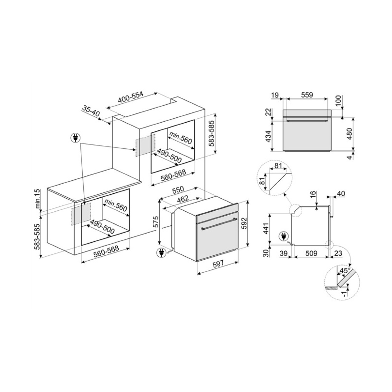 Diagramma di elettrodomestici da cucina con dimensioni. Include forno, microonde e altri componenti. Etichettato con misure.