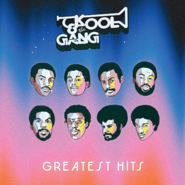 Album borító: 'Kool & the Gang Greatest Hits'. Nyolc rajzolt arcot ábrázol a zenekar tagjaiból, kék-rózsaszín átmenetes háttérrel.