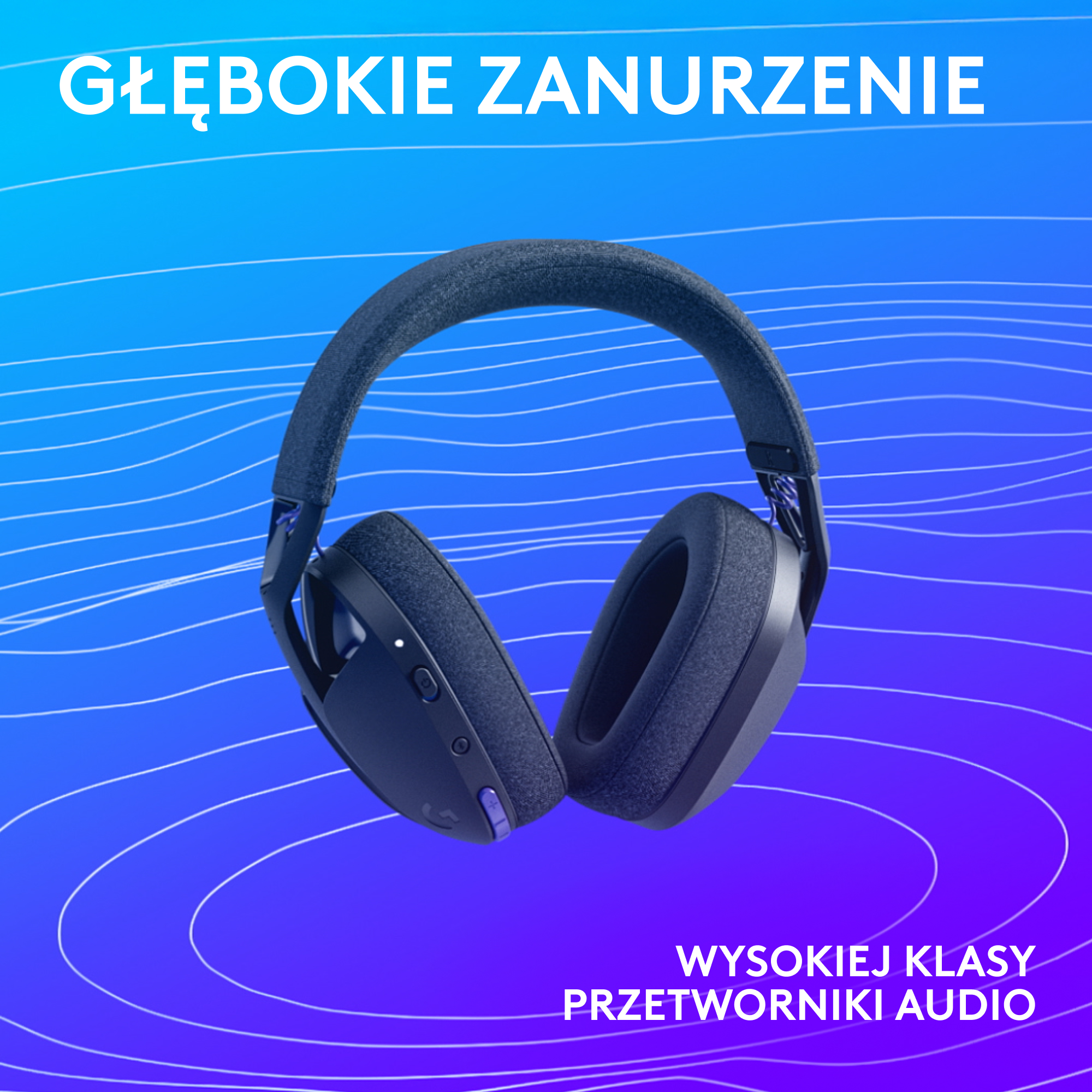 Ciemnoniebieskie słuchawki na niebieskim tle z białymi liniami. Tekst: 'Głębokie zanurzenie' i 'Wysokiej klasy przetworniki audio'.