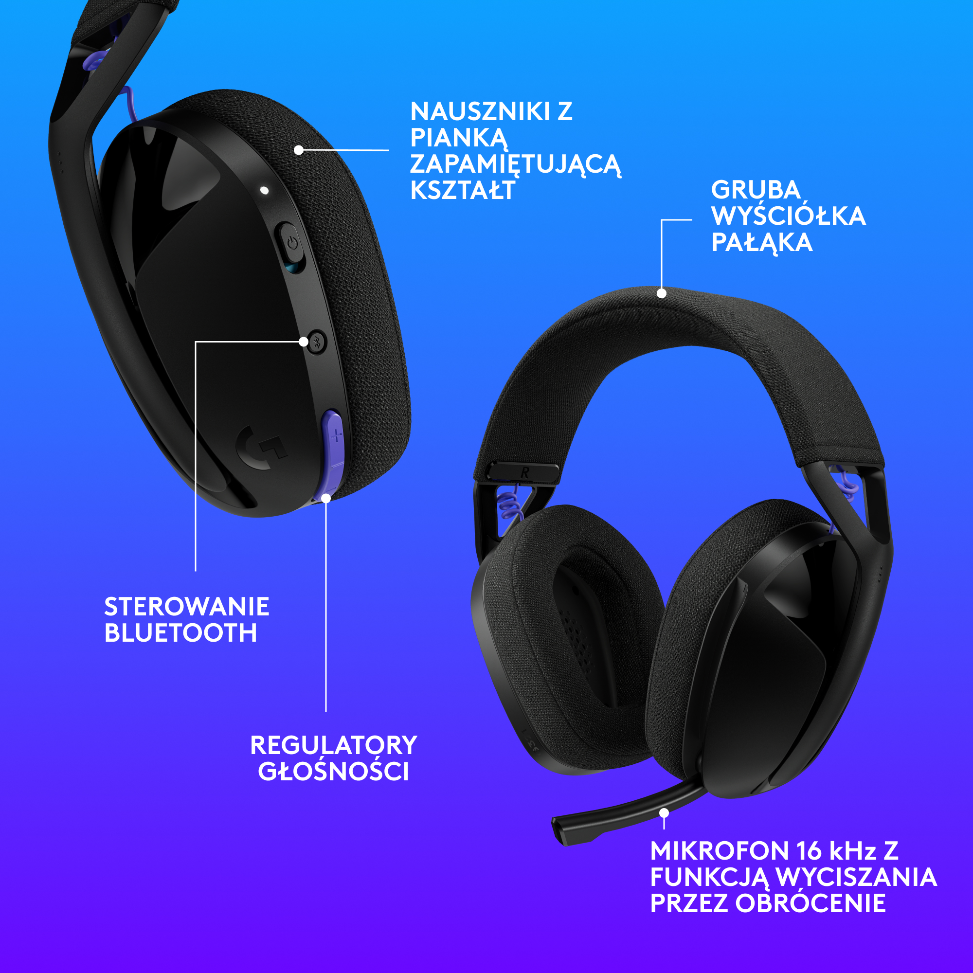 Czarne słuchawki dla graczy z mikrofonem. Funkcje obejmują Bluetooth i regulację głośności. Niebieskie tło.