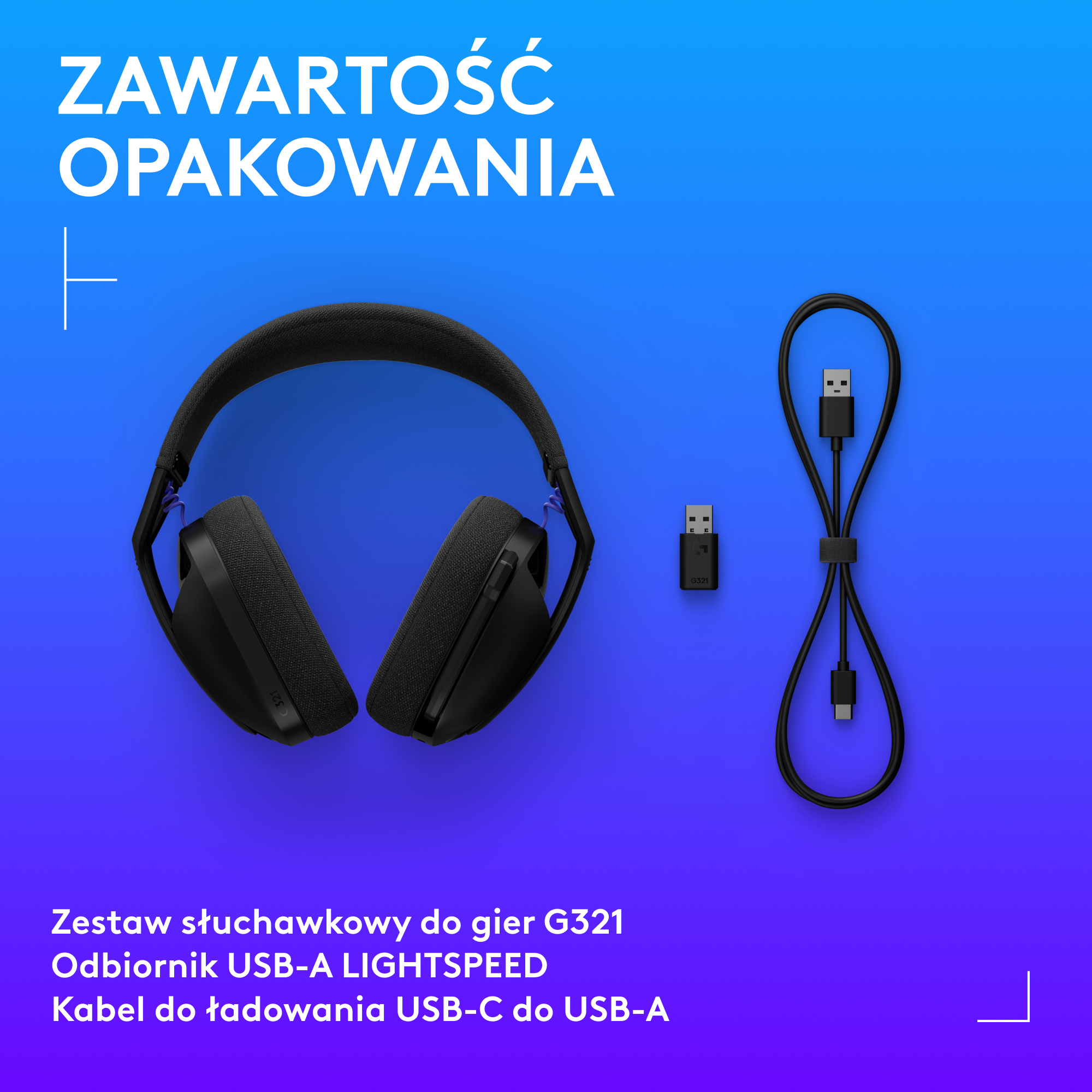 Obrazek przedstawia czarny zestaw słuchawkowy dla graczy, odbiornik USB i kabel ładujący na niebieskim tle.