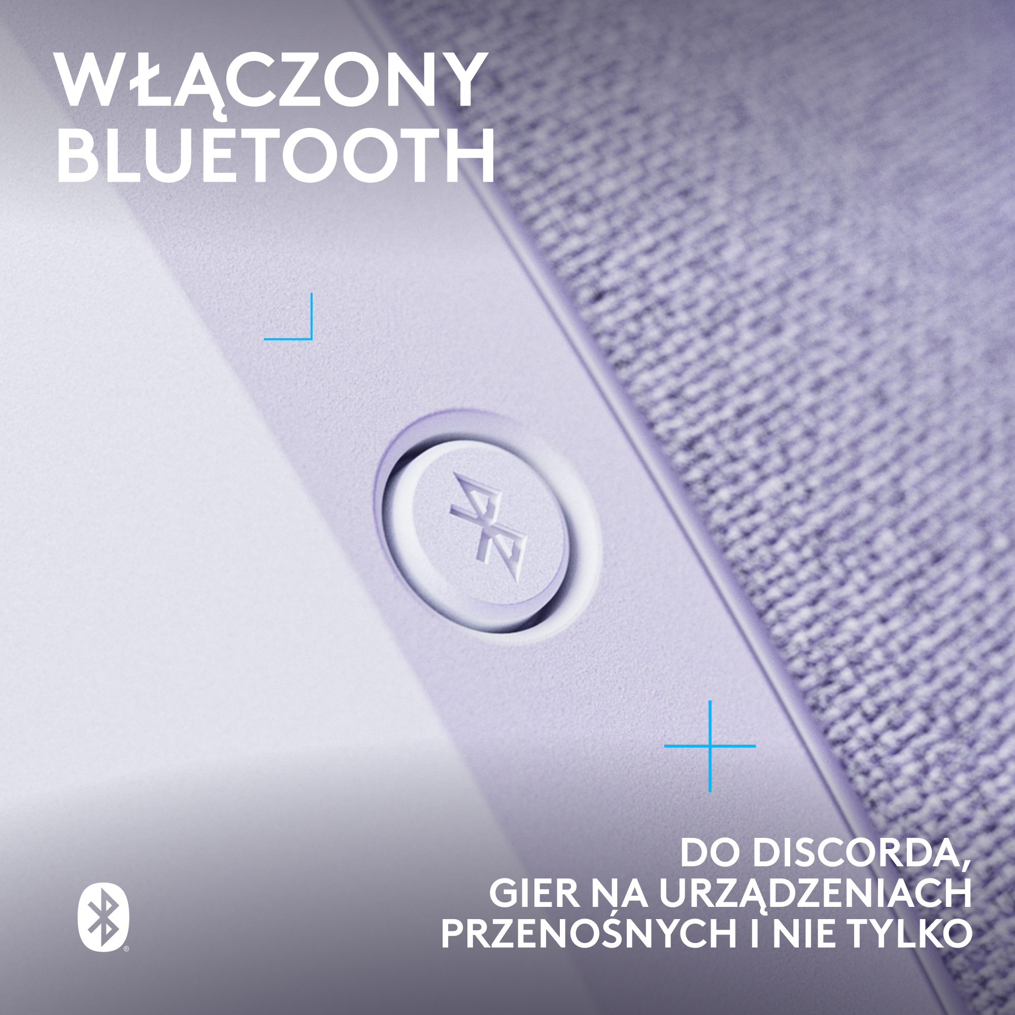 Zbliżenie przycisku Bluetooth. Tekst: Włączony Bluetooth. Dla Discorda, gier na urządzeniach przenośnych i więcej.