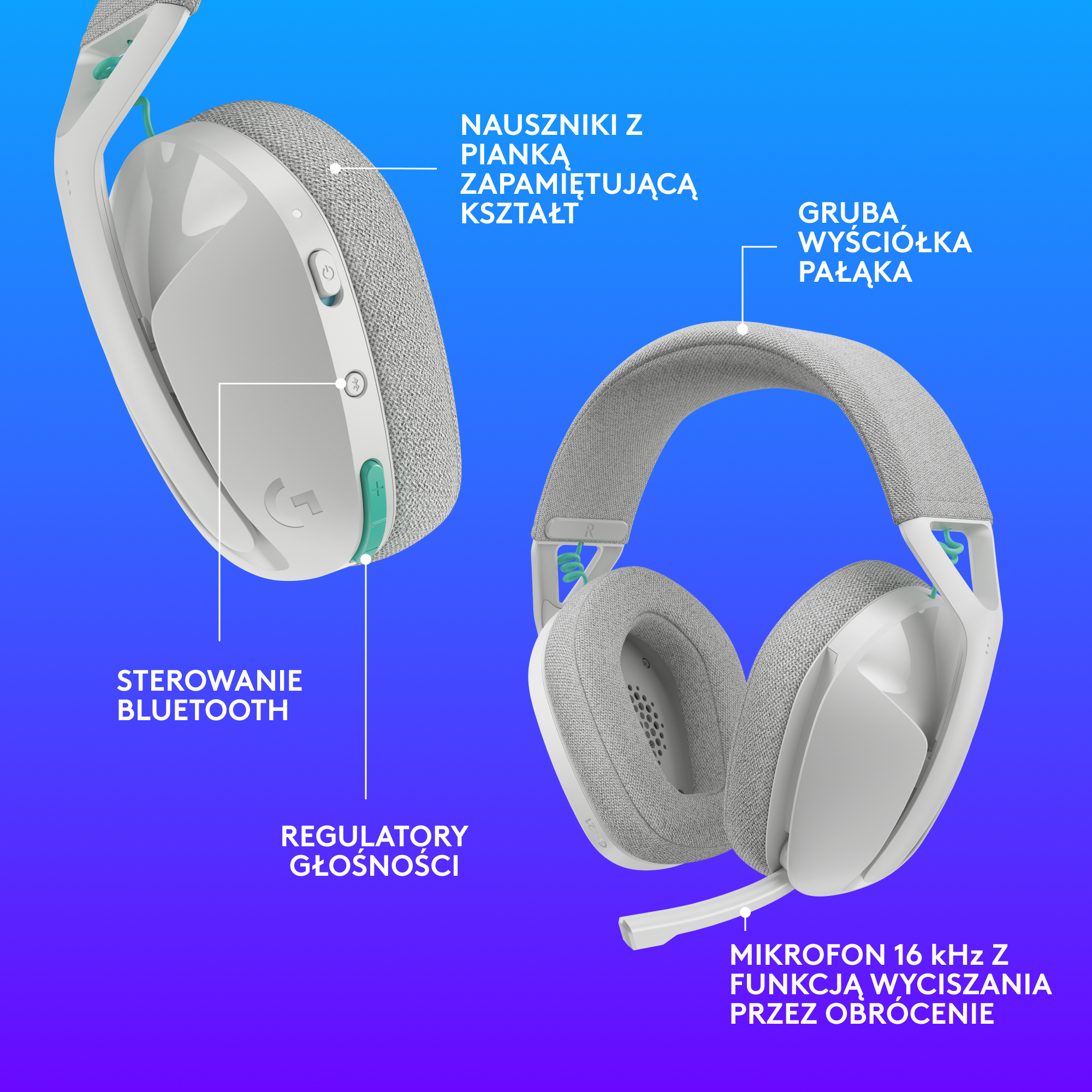 Biało-szare słuchawki z mikrofonem, sterowaniem Bluetooth i nausznikami z pianki. Tło to gradient niebieskiego.