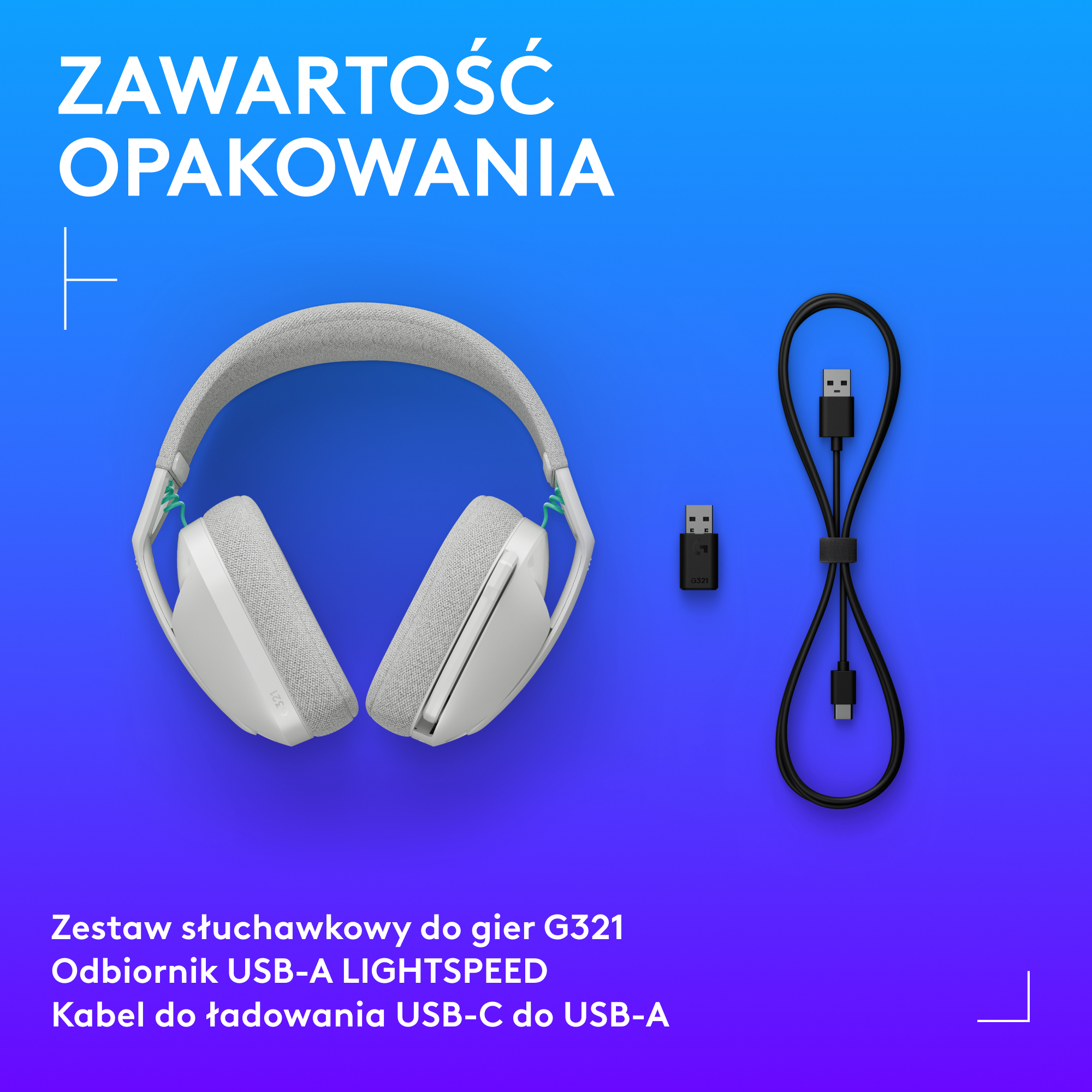 Obraz przedstawia biały zestaw słuchawkowy do gier, odbiornik USB i kabel USB-C do USB-A. Niebieskie tło z napisem 'Zawartość opakowania'.