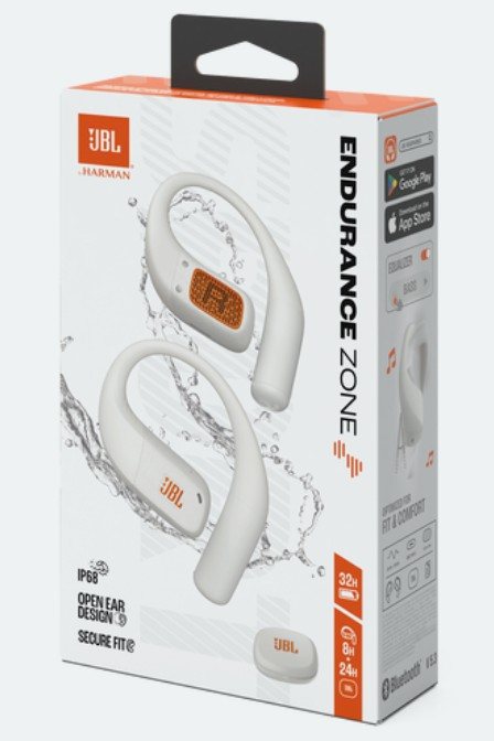 Słuchawki JBL Endurance Zone na pudełku. Białe słuchawki z pomarańczowymi akcentami, efekt rozprysku wody. Pudełko ma logo JBL i szczegóły.