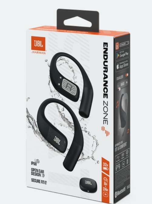 Pudełko słuchawek JBL Endurance Zone. Czarne słuchawki, białe tło z rozpryskami wody. Tekst: JBL, IP68 i czas pracy baterii.