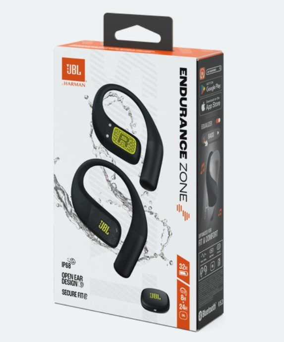 Pudełko słuchawek JBL Endurance Zone. Pudełko jest białe z czarnymi słuchawkami. Tekst zawiera JBL, IP68 i Endurance Zone.