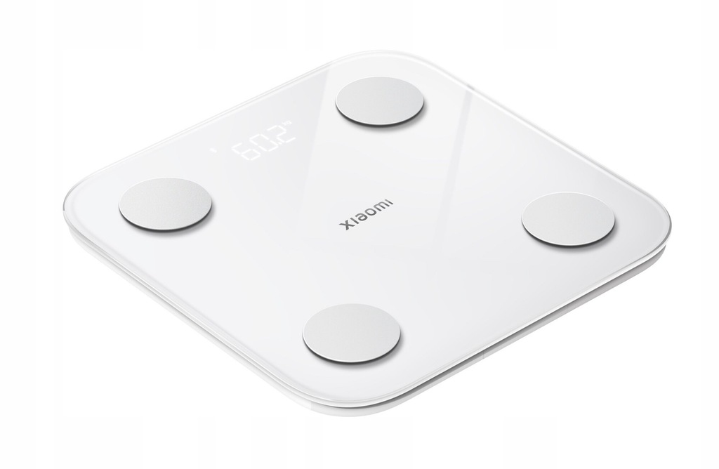 Biała inteligentna waga Xiaomi. Wyświetla 60,2 kg. Ma cztery okrągłe srebrne podkładki. Nazwa marki jest szara.