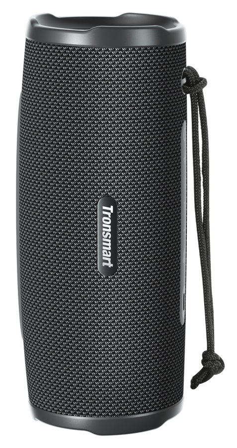 Czarny, cylindryczny głośnik Tronsmart. Ma teksturowaną powierzchnię, sznurek do noszenia i nazwę marki.