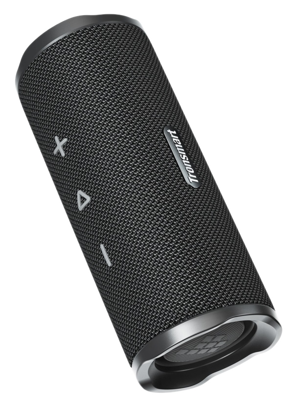Czarny głośnik Bluetooth Tronsmart. Jest cylindryczny z siateczkową fakturą i srebrnymi akcentami. Widoczne są przyciski sterowania.
