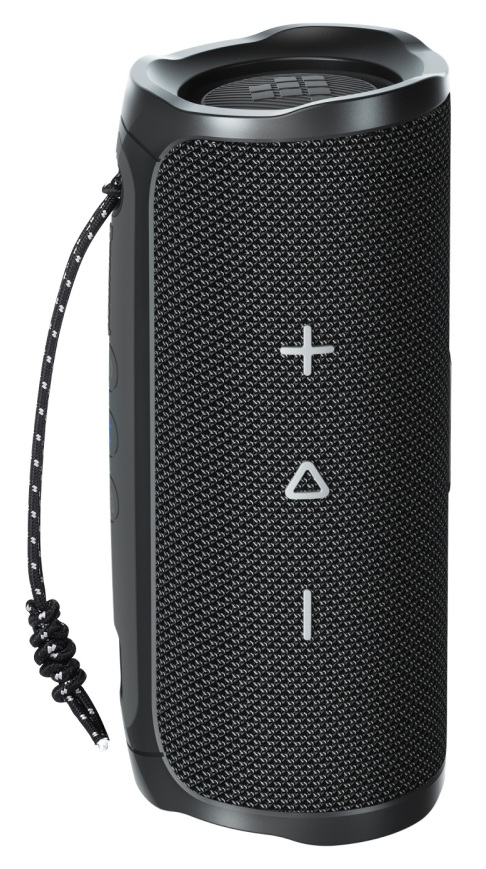 Czarny, cylindryczny głośnik z siatkową tkaniną. Widoczne białe symbole plusa, trójkąta i linii. Posiada czarno-biały pasek z liny.