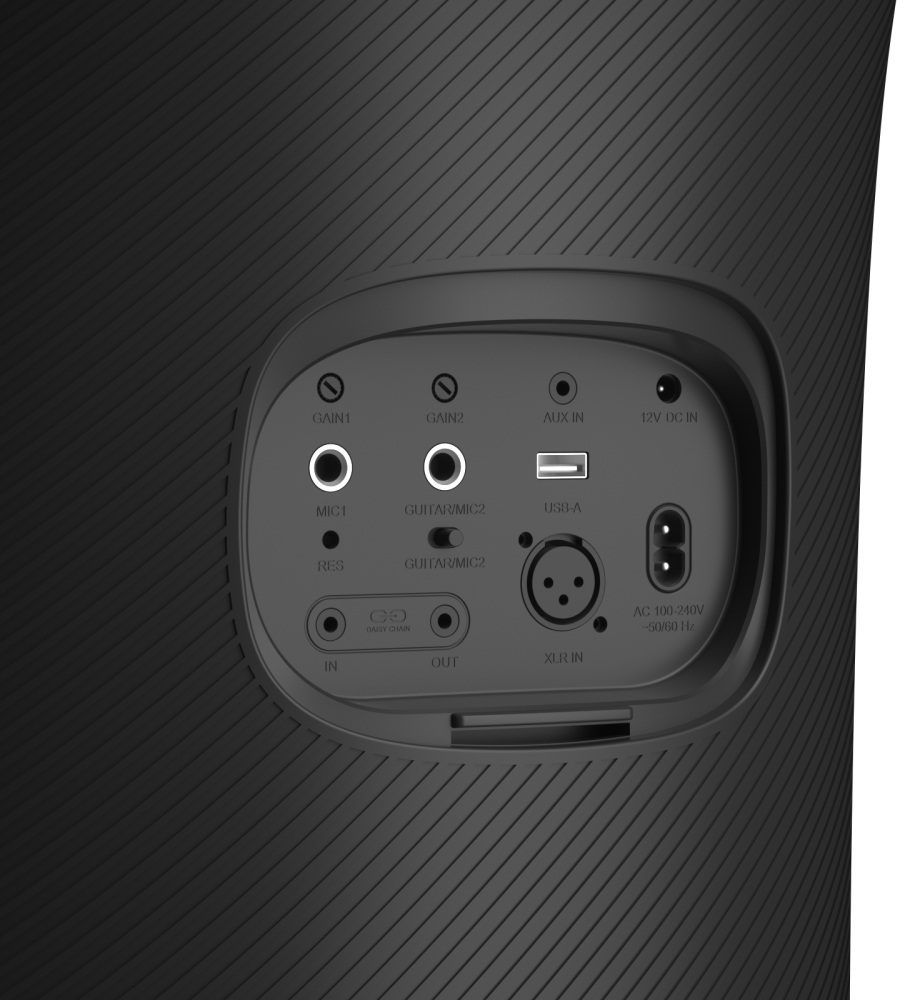 Czarny panel z portami wejścia/wyjścia: Gain, Mic, Gitara, Aux, USB, XLR, AC. Białe okręgi i etykiety tekstowe.