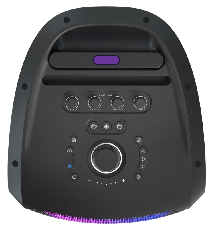 Czarny głośnik z regulacjami: głośność, basy, tony wysokie, echo i inne przyciski. Fioletowy przycisk i uchwyt na górze. Kolorowe światła na dole.