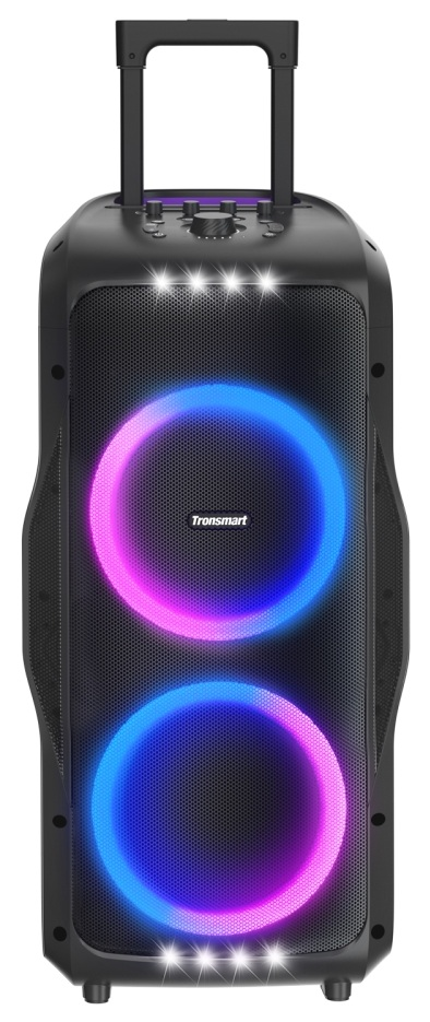 Czarny głośnik z uchwytem i światłami. Dwa świecące okręgi w kolorze niebieskim i różowym. Logo Tronsmart.