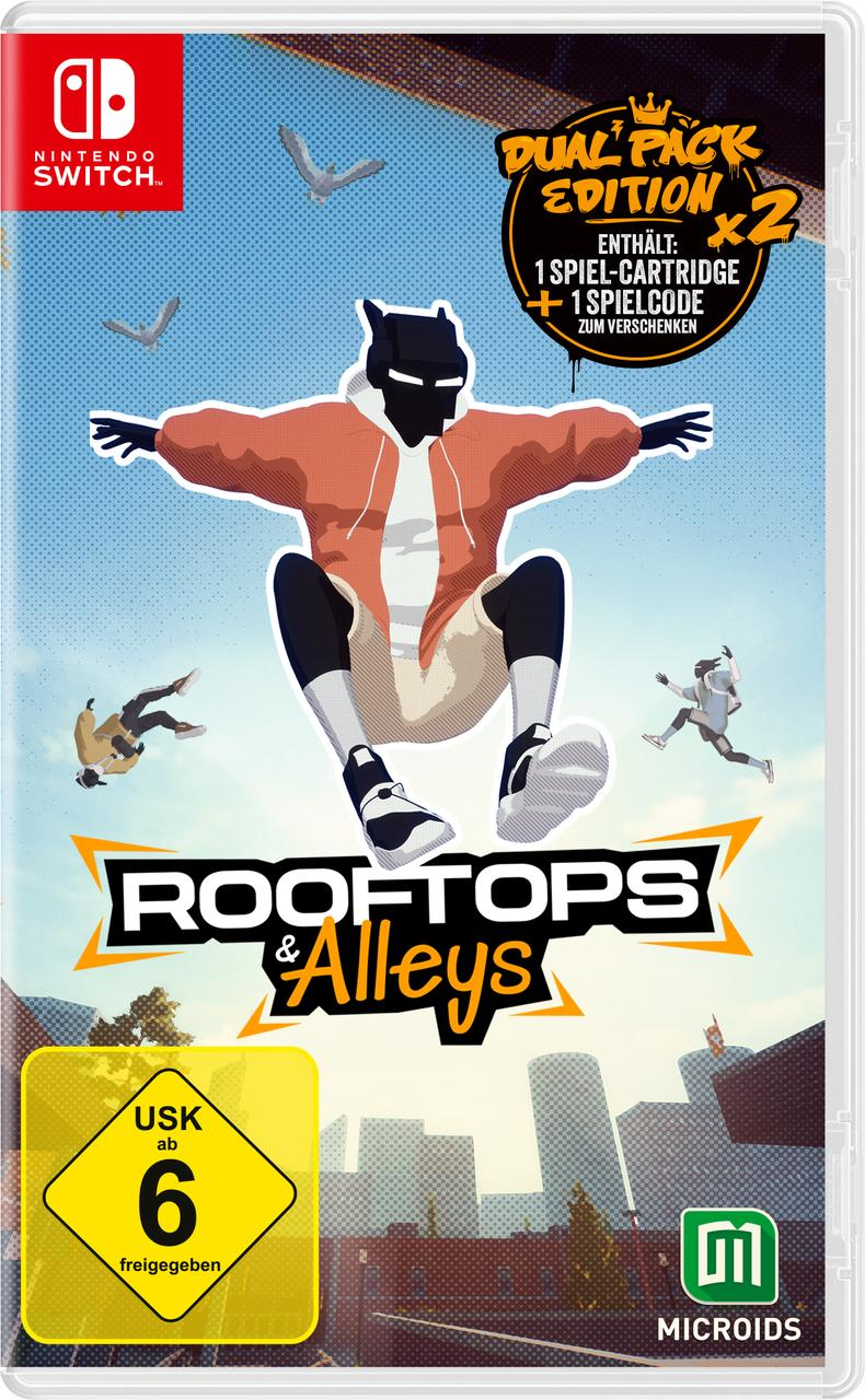 Spieledesign für 'Rooftops & Alleys'. Mit Charakter, Stadtkulisse und Nintendo Switch-Logo. Enthält USK 6-Rating.