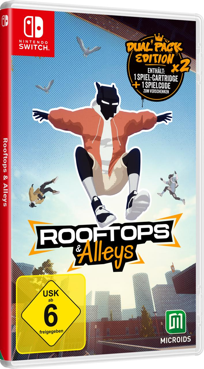 Cover-Art für das Spiel 'Rooftops & Alleys'. Eine Figur springt mit ausgestreckten Armen, andere Figuren im Hintergrund und eine Stadtsilhouette.