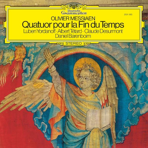 Album borító: Angyal könyvvel, szivárvánnyal és sárga címkével. Szöveg: Olivier Messiaen, Quatuor pour la Fin du Temps, Deutsche Grammophon.