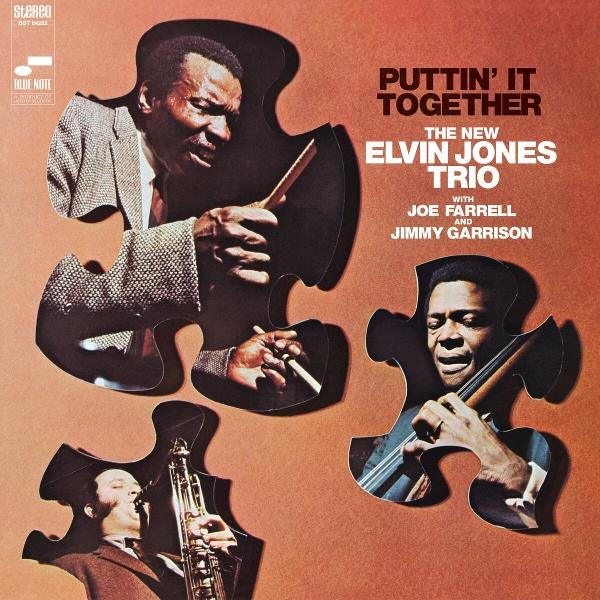 Album borító: Zenészek kirakós darabokban. Elvin Jones Trio, Joe Farrell, Jimmy Garrison. Barna háttér, 'Puttin' It Together' felirat.