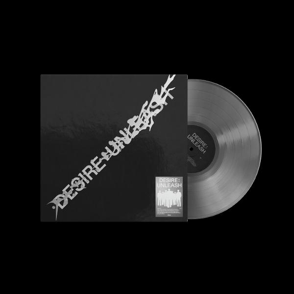 Album borító és bakelit lemez. Fekete borító, fehér, ferde 'DESIRE: UNLEASH' felirattal. Átlátszó bakelit jobbra.