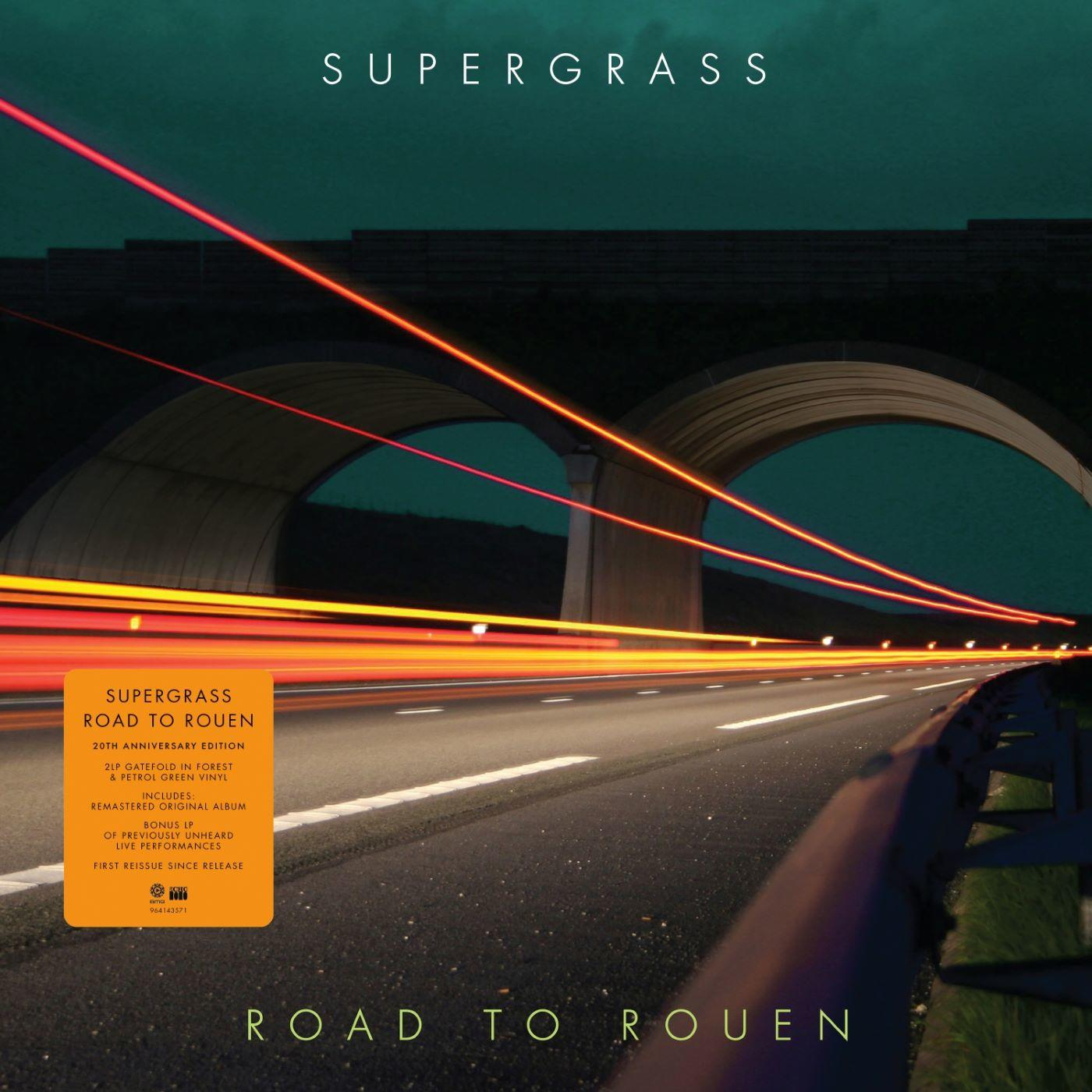 A Supergrass Road to Rouen című albumának borítója. Egy autópálya éjszaka, fénysávokkal, híddal és egy album matricával.