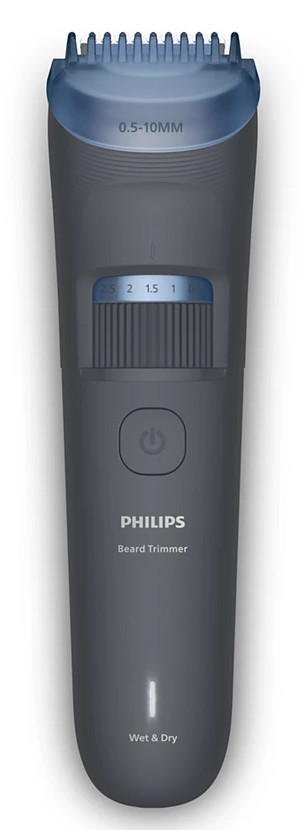 Trymer do brody Philips. Szary z niebieską głowicą. Ma przycisk zasilania i pokrętło regulacji długości.