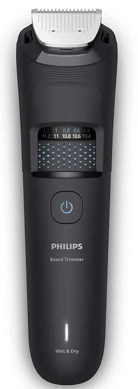Czarna maszynka do strzyżenia brody Philips ze srebrnym ostrzem. Posiada ekran LCD i przycisk zasilania. Na dole napis 'Wet & Dry'.