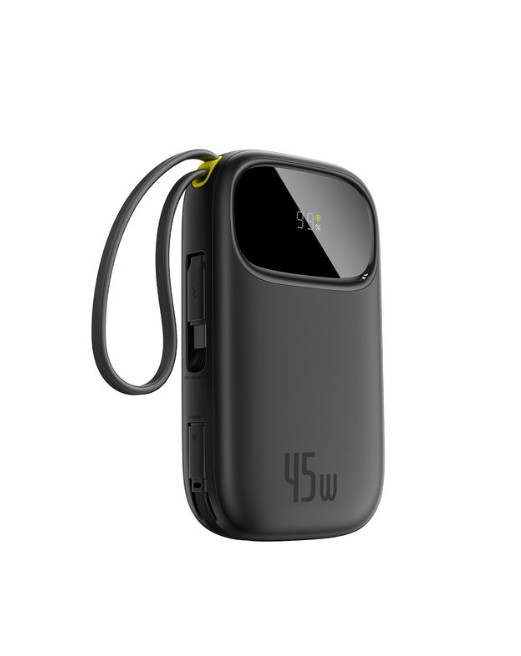 Ekranında %99 gösteren siyah bir powerbank. Döngü ve 45W etiketi var. Detaylar: bağlantı noktaları ve sarı vurgu.