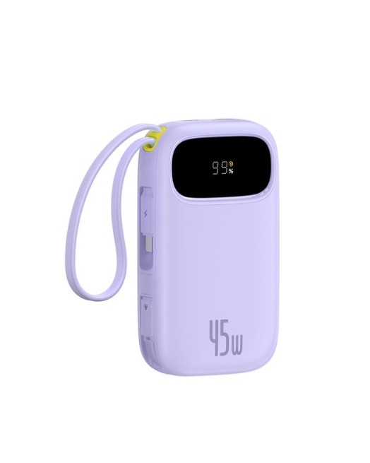 Leylak renkli bir powerbank %99 şarj gösteriyor. Bir döngü, 45W göstergesi ve bağlantı noktaları var. Arka plan beyaz.