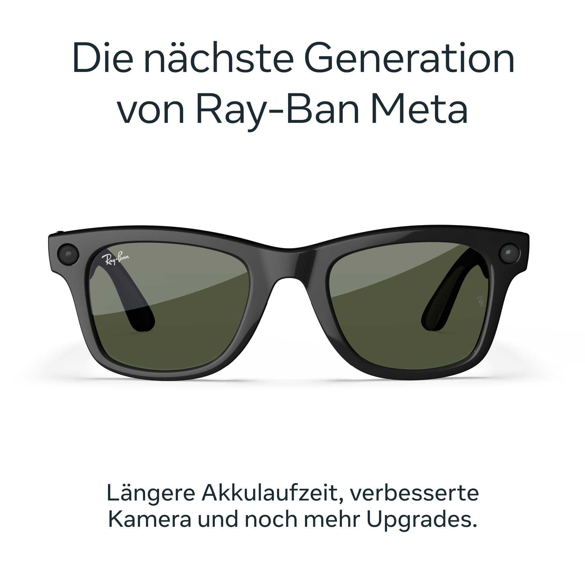 Schwarze Ray-Ban Meta Sonnenbrille mit grünen Gläsern. Der Text oben lautet 'nächste Generation'.