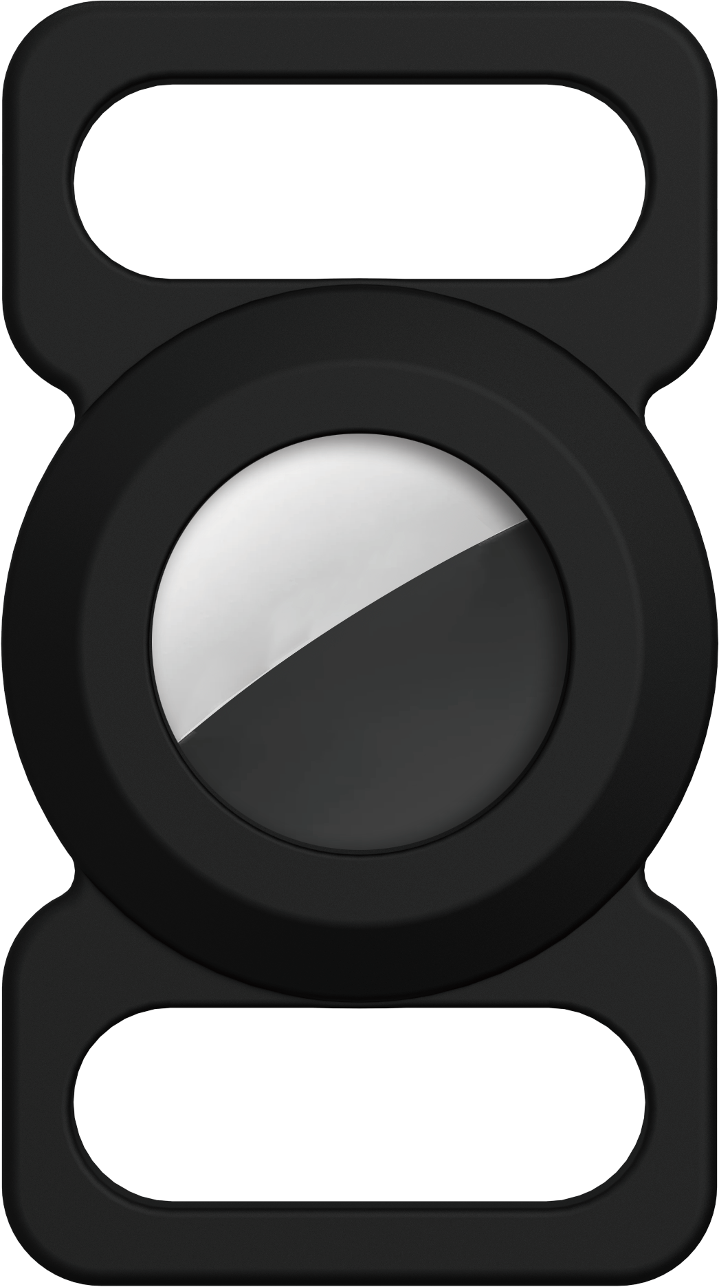 Ein schwarzes, kreisförmiges Gerät mit einem diagonal geteilten, cremefarbenen und schwarzen Inneren. Es hat zwei Schlaufen oben und unten.