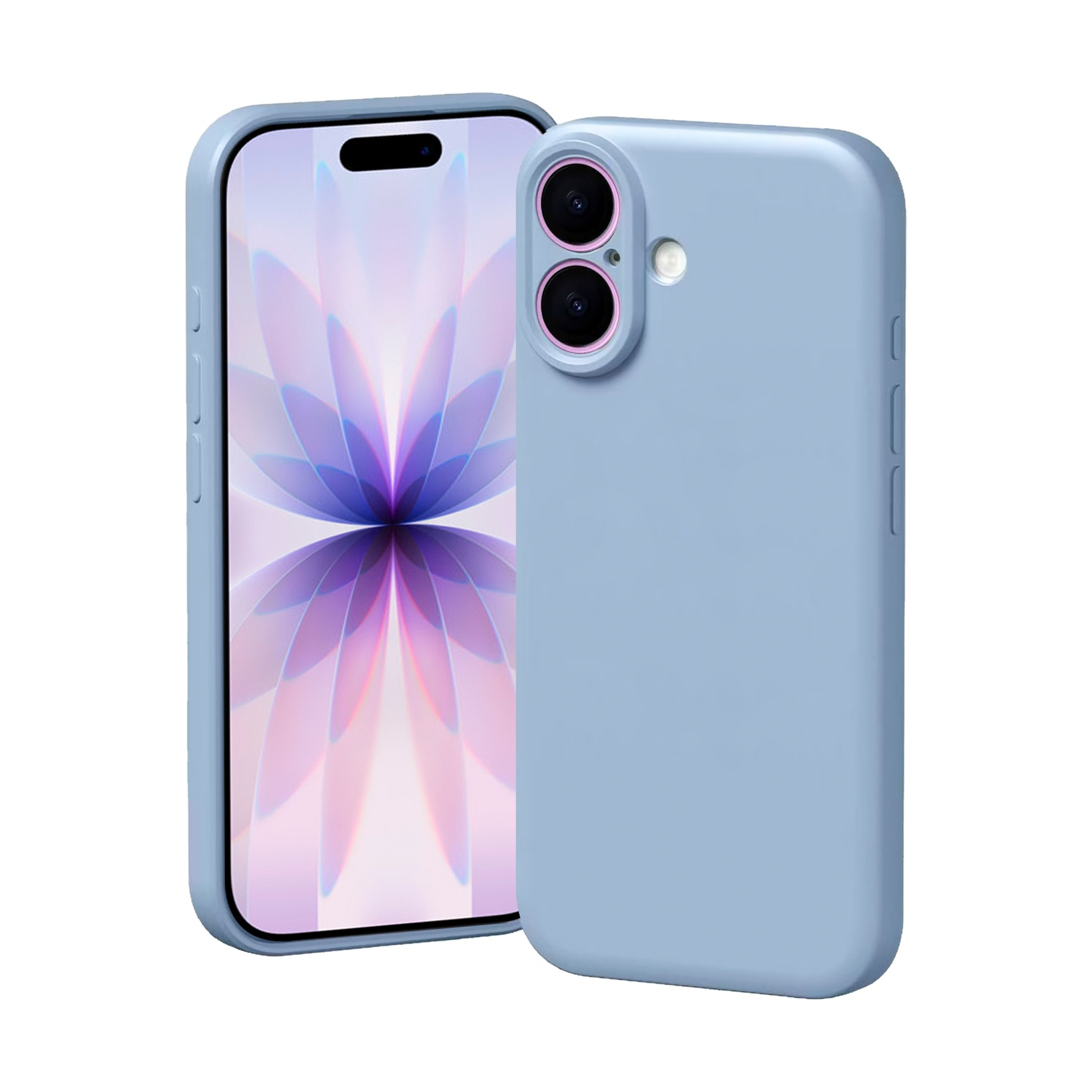 Una custodia per telefono azzurra e un telefono con uno schermo che mostra un disegno floreale viola e bianco sono visibili.