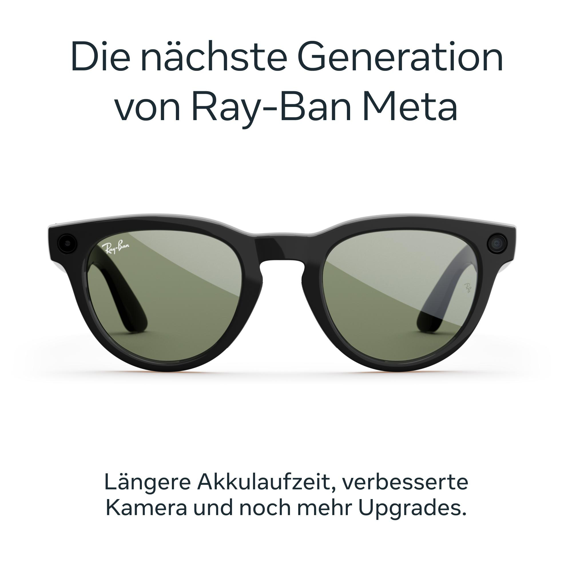Schwarze Ray-Ban Meta Sonnenbrille mit grünen Gläsern. Text oben: 'Die nächste Generation von Ray-Ban Meta'.