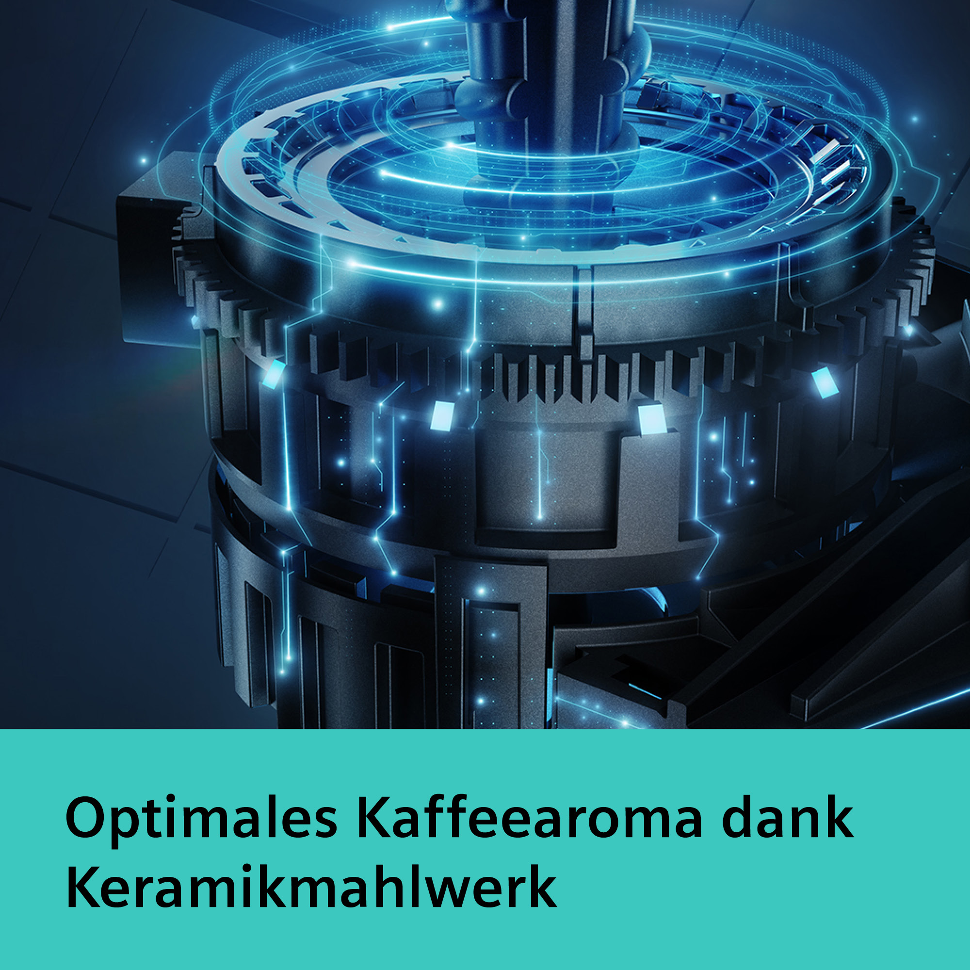 Nahaufnahme eines dunklen, metallischen Mechanismus mit leuchtend blauen Linien. Text: "Optimales Kaffeearoma dank Keramikmahlwerk".