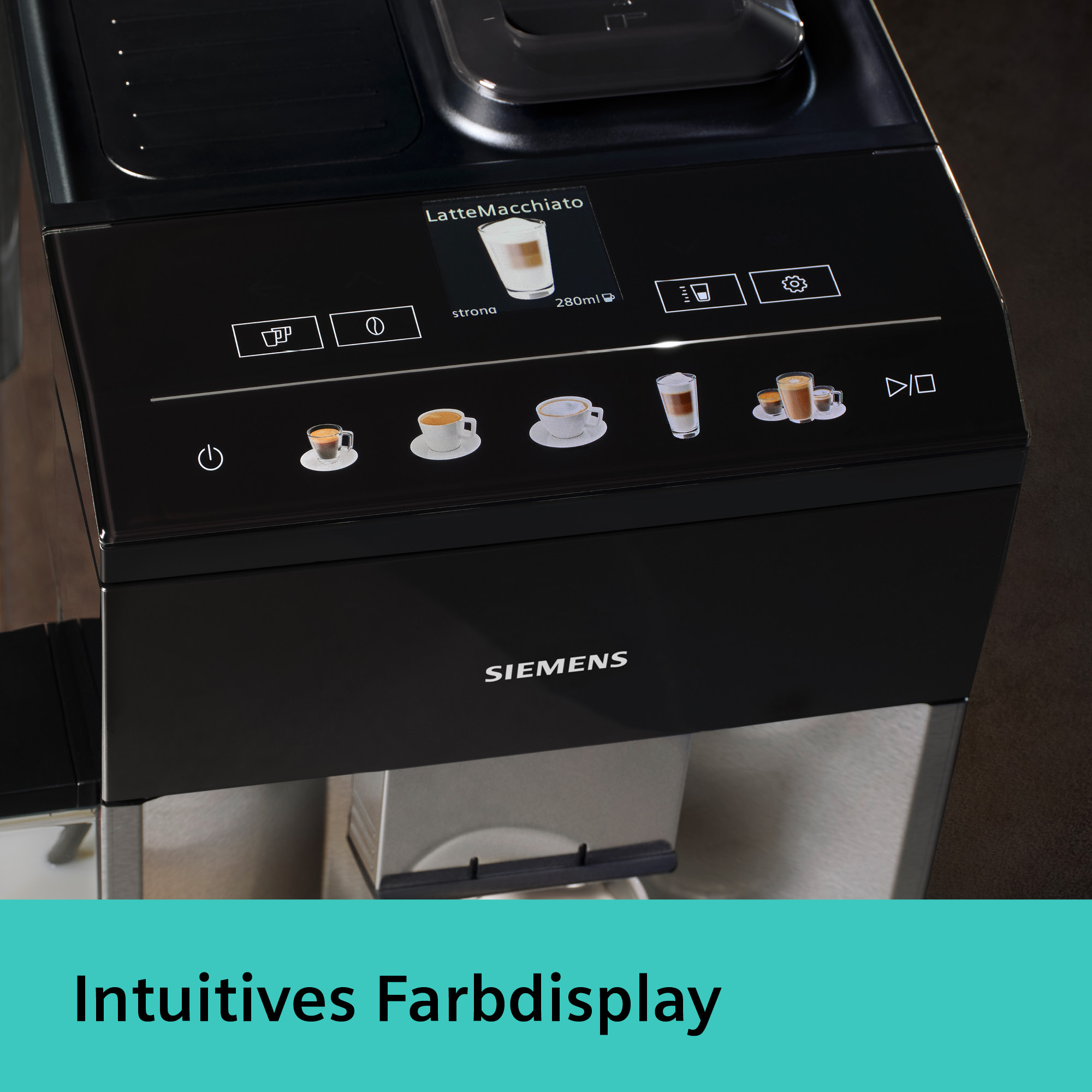 Eine schwarze Espressomaschine mit Touchscreen-Display, das Kaffeeoptionen anzeigt. Das Siemens-Logo ist sichtbar.